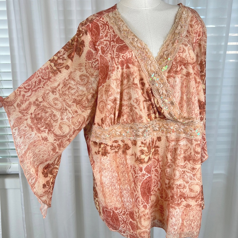 Fashion Bug Y2K Orange Paisley Lace Sequin Top Sz 2x Bell sleeves Fairy rodeo